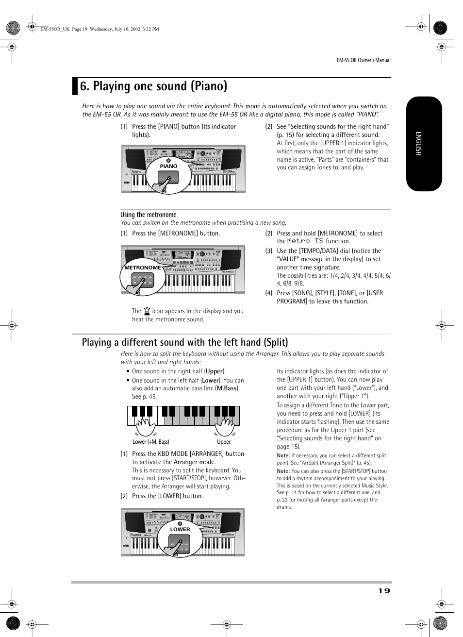 Playing one sound (piano) | Roland EM-55 User Manual | Page 19 / 98