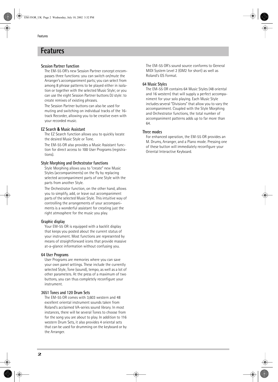 Features | Roland EM-55 User Manual | Page 2 / 98