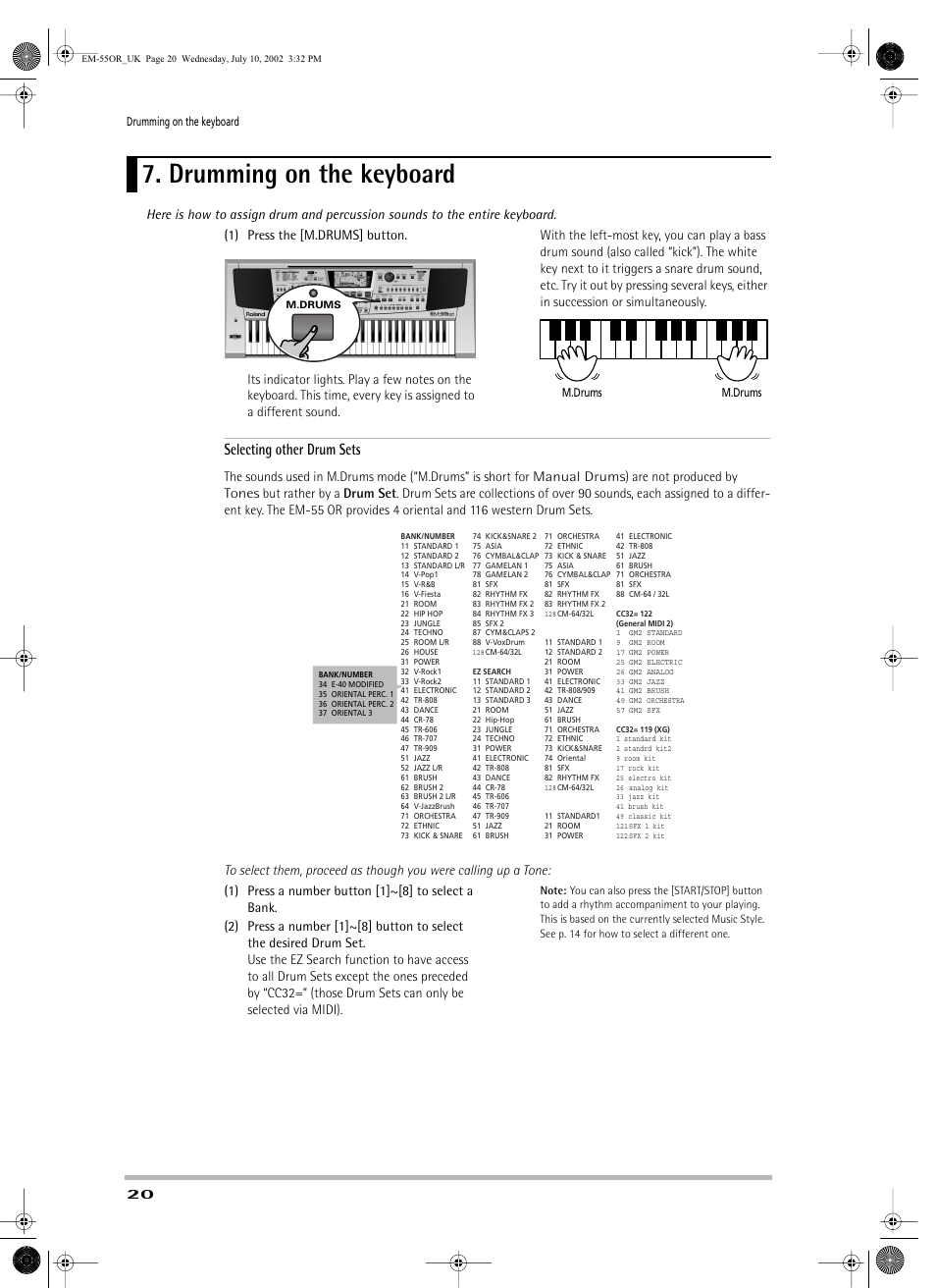 Drumming on the keyboard, Selecting other drum sets | Roland EM-55 User Manual | Page 20 / 98