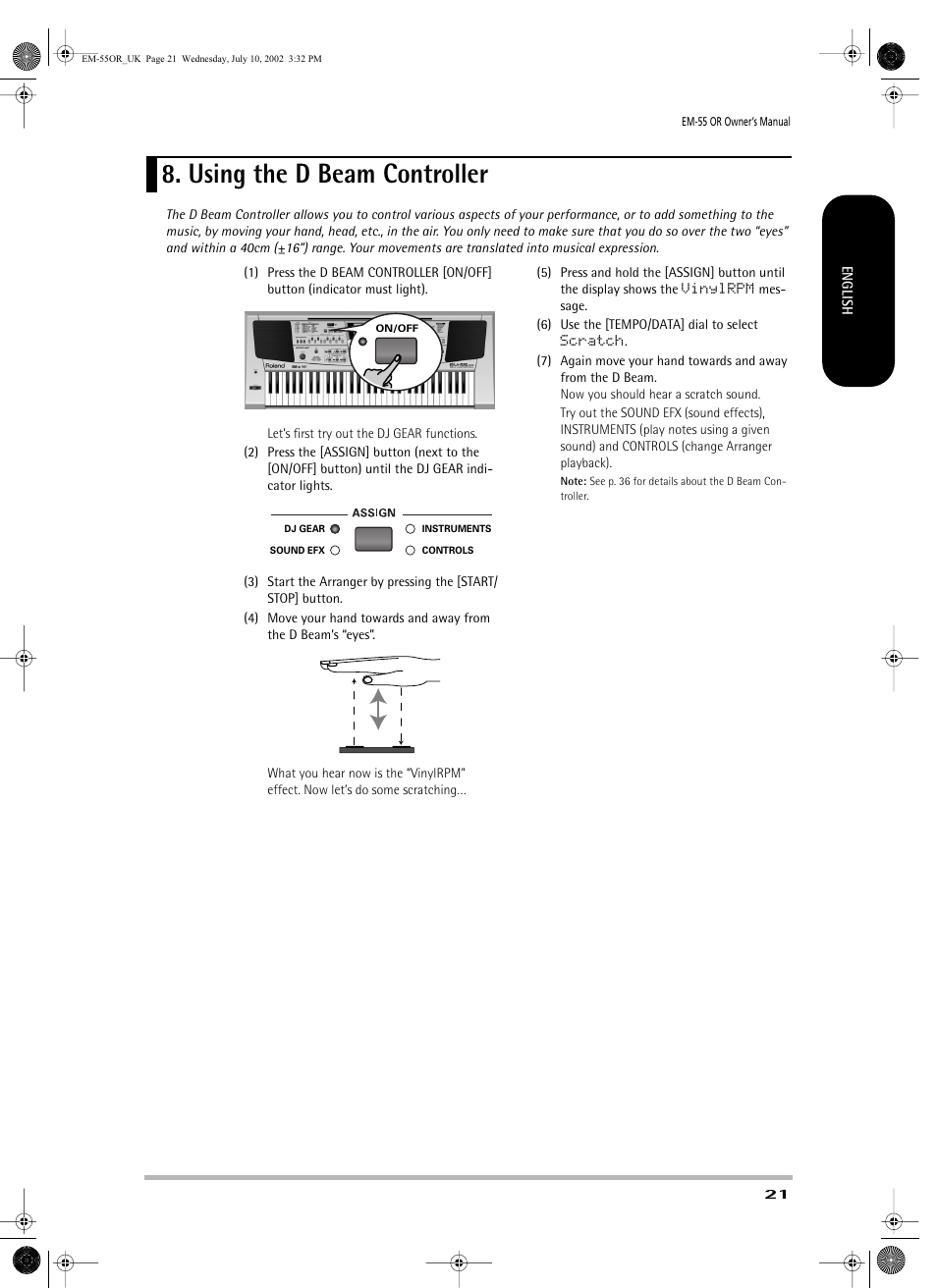 Using the d beam controller | Roland EM-55 User Manual | Page 21 / 98