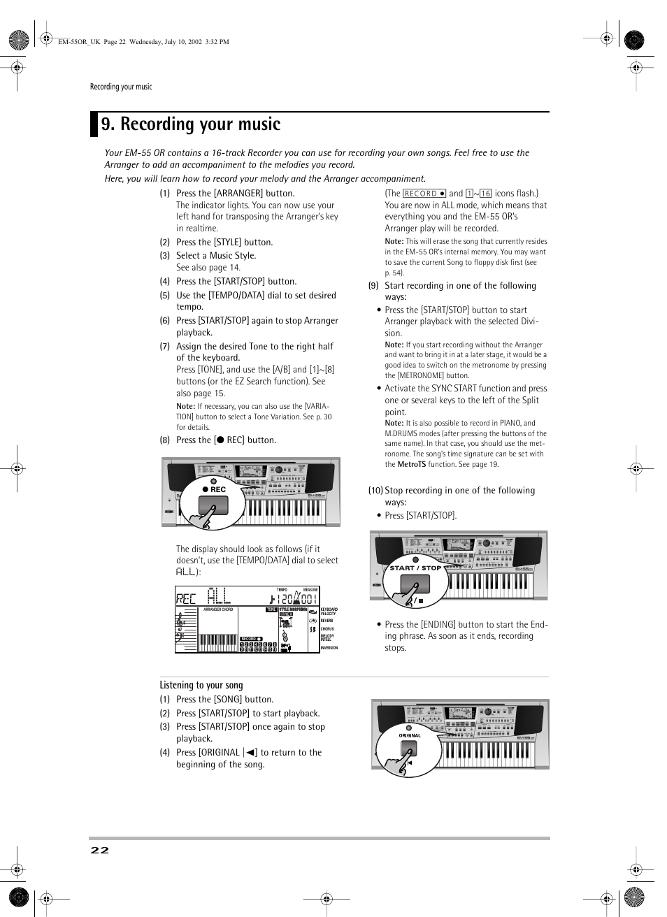 Recording your music, Listening to your song | Roland EM-55 User Manual | Page 22 / 98