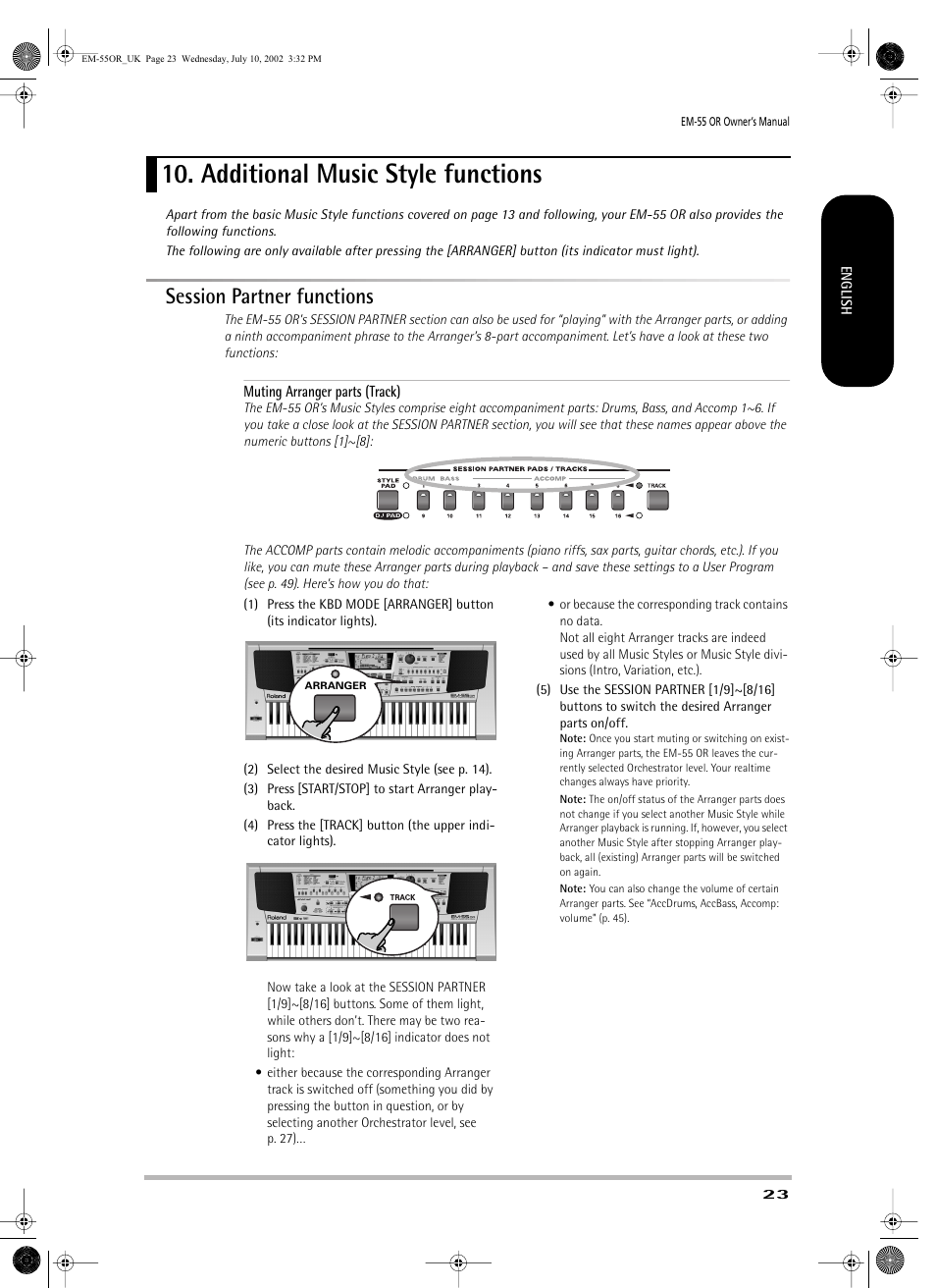 Additional music style functions, Session partner functions | Roland EM-55 User Manual | Page 23 / 98