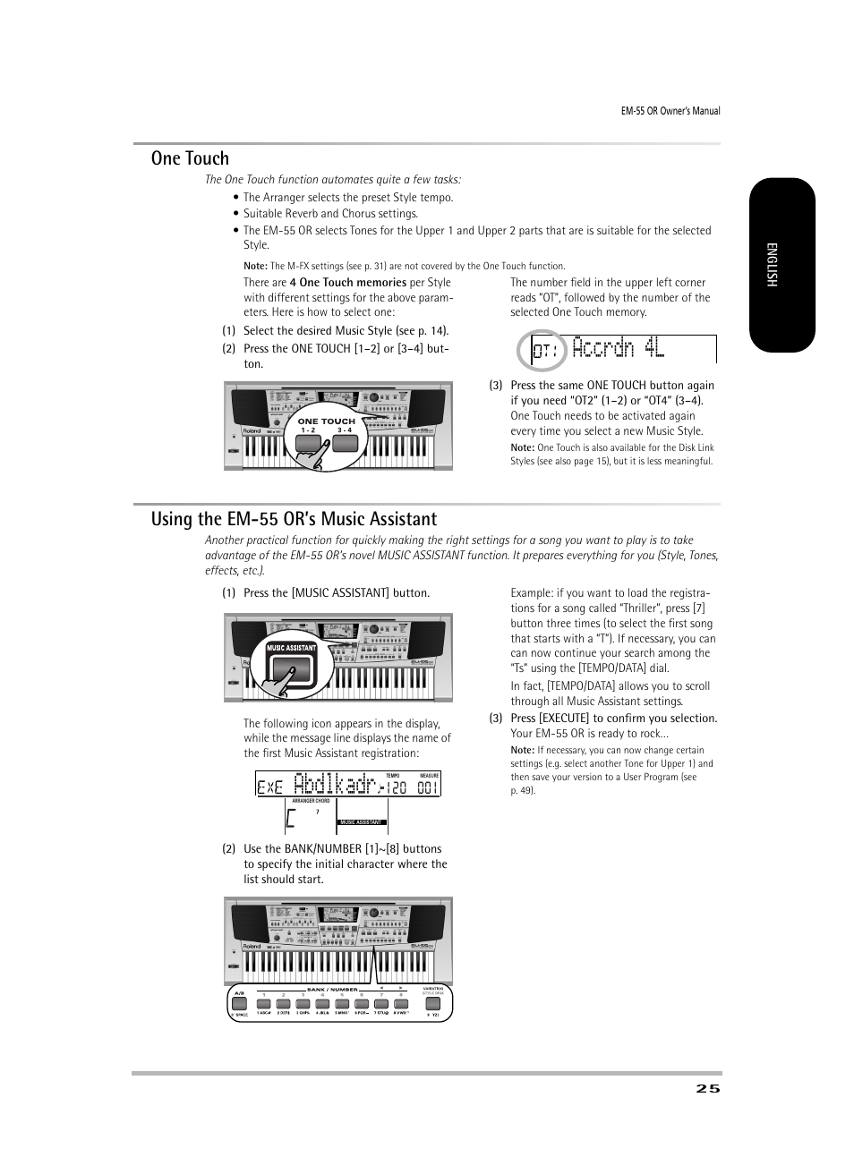 Accrdn 4l, Abdlkadr, One touch | Using the em-55 or’s music assistant | Roland EM-55 User Manual | Page 25 / 98