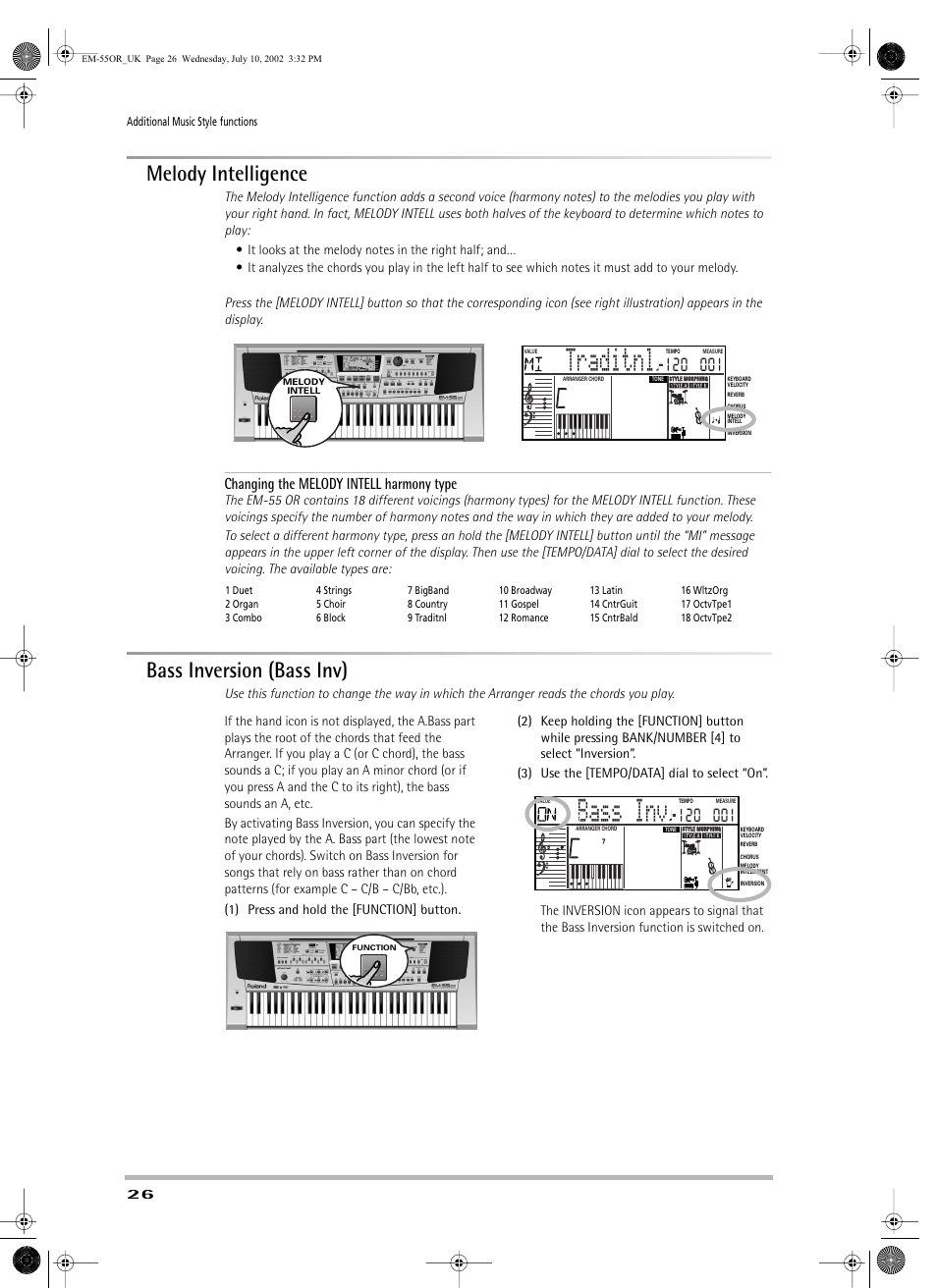 Traditnl, Bass inv, Melody intelligence | Bass inversion (bass inv), Changing the melody intell harmony type | Roland EM-55 User Manual | Page 26 / 98