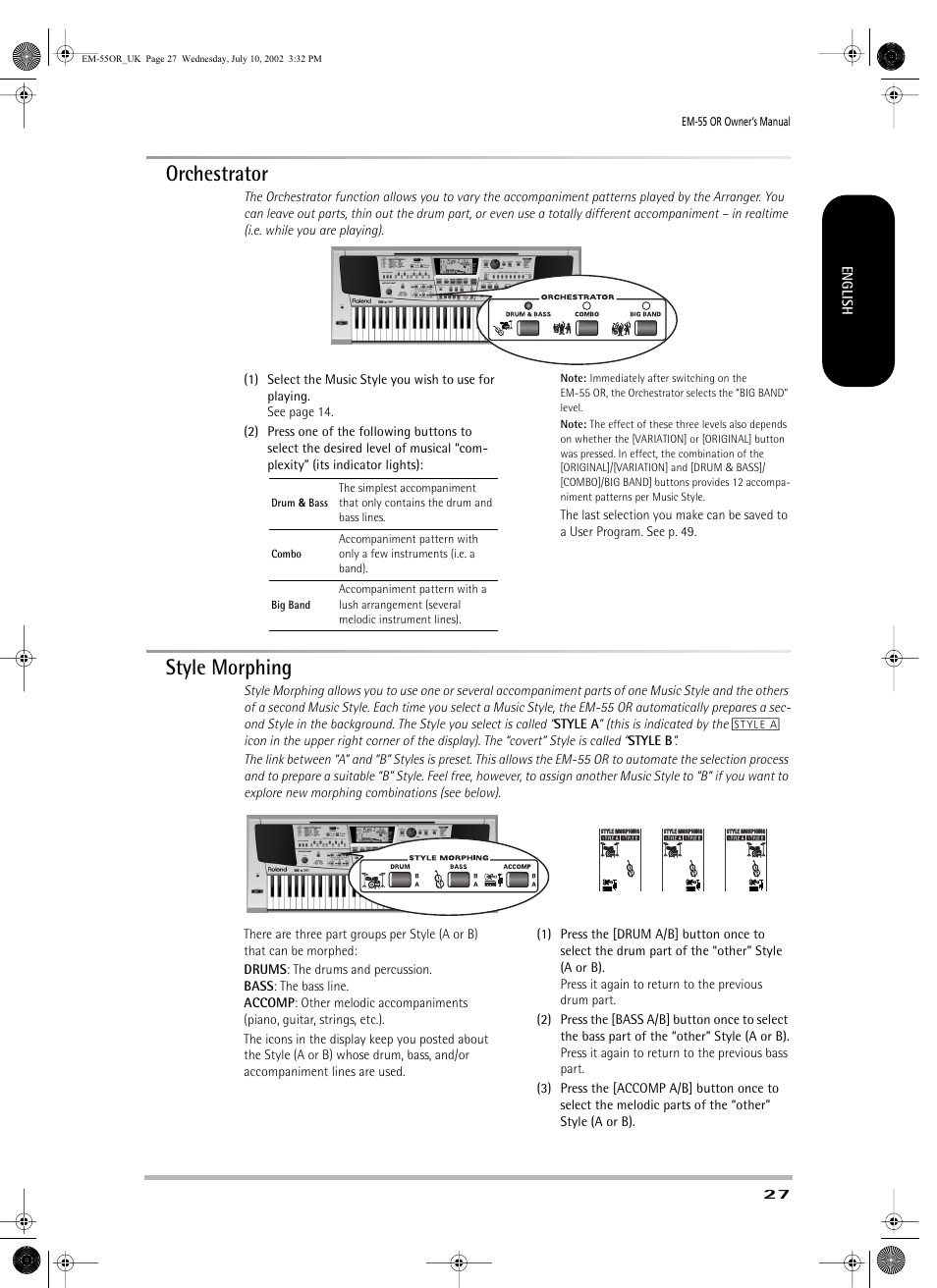 Orchestrator, Style morphing | Roland EM-55 User Manual | Page 27 / 98