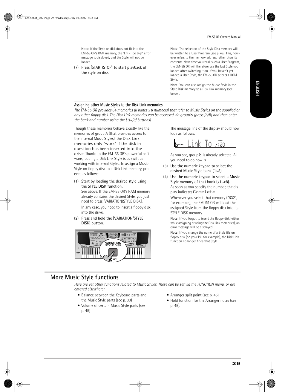 Link to, More music style functions | Roland EM-55 User Manual | Page 29 / 98