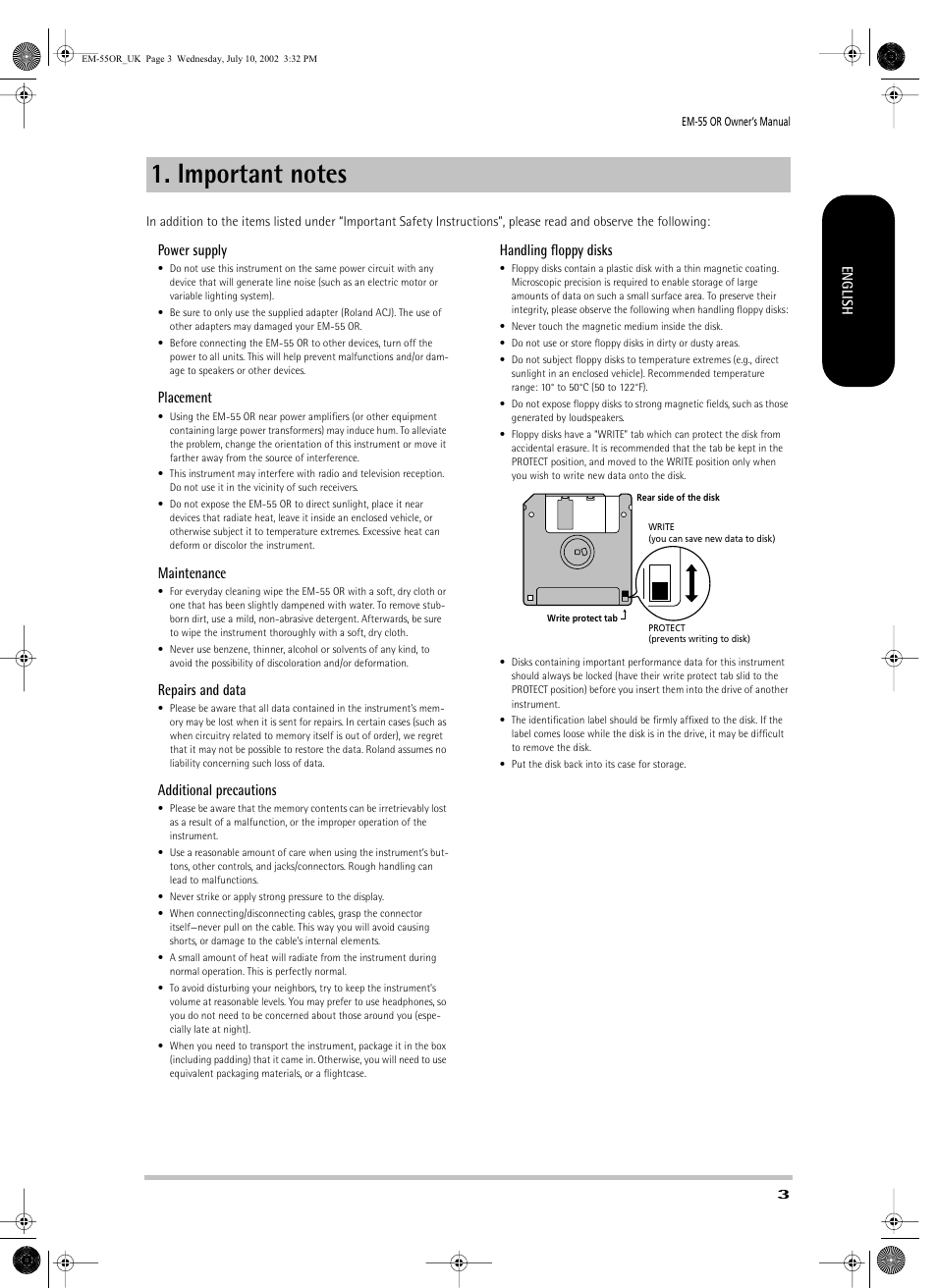 Power supply, Placement, Maintenance | Repairs and data, Additional precautions, Handling ﬂoppy disks | Roland EM-55 User Manual | Page 3 / 98