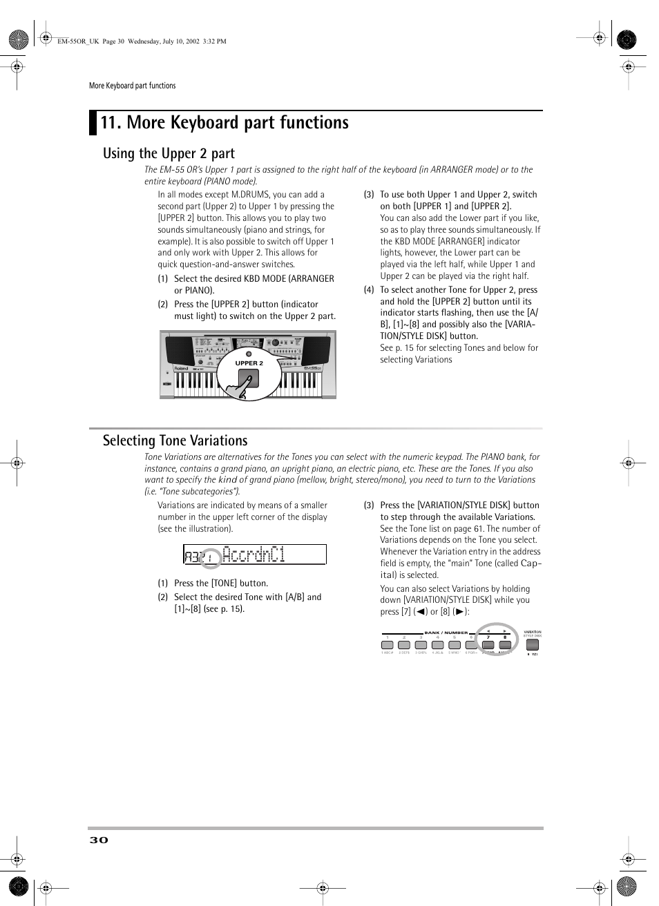 Accrdnc1, More keyboard part functions, Using the upper 2 part | Selecting tone variations | Roland EM-55 User Manual | Page 30 / 98