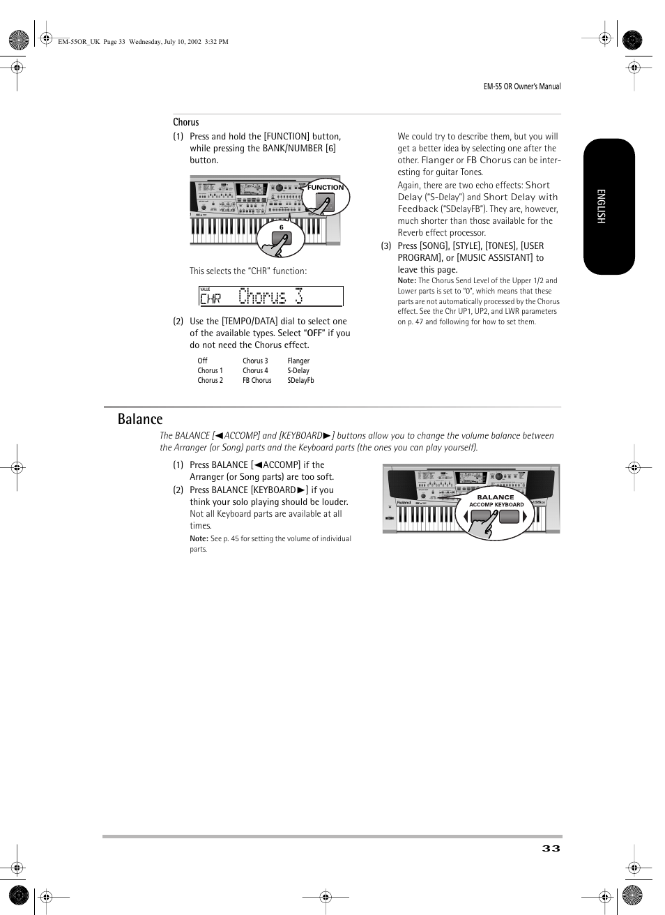 Chorus 3, Balance | Roland EM-55 User Manual | Page 33 / 98