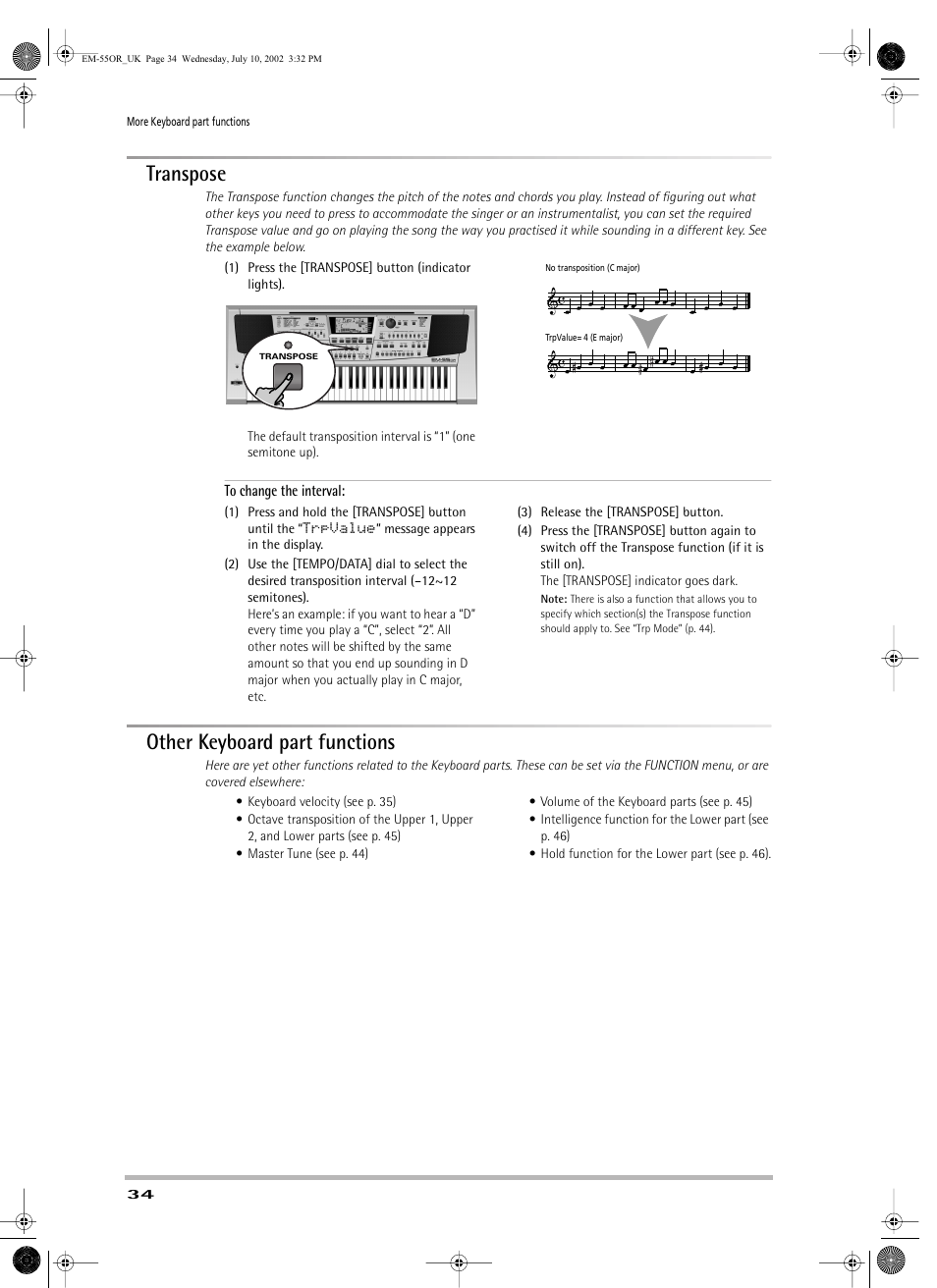 Transpose, Other keyboard part functions | Roland EM-55 User Manual | Page 34 / 98