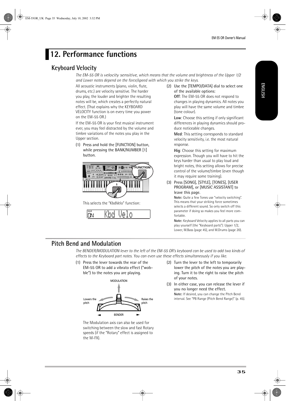 Kbd velo, Performance functions, Keyboard velocity | Pitch bend and modulation | Roland EM-55 User Manual | Page 35 / 98