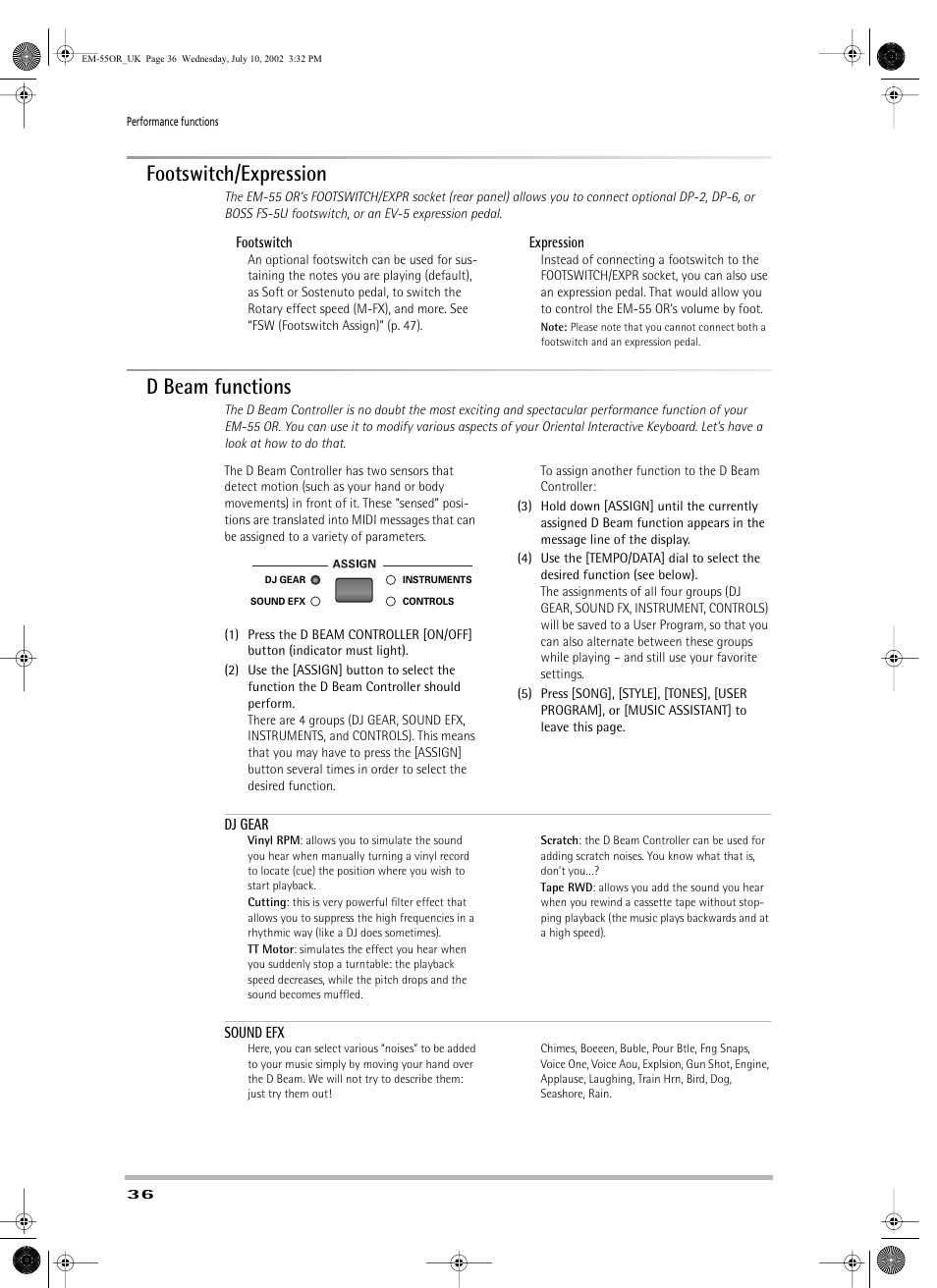 Footswitch/expression, D beam functions | Roland EM-55 User Manual | Page 36 / 98