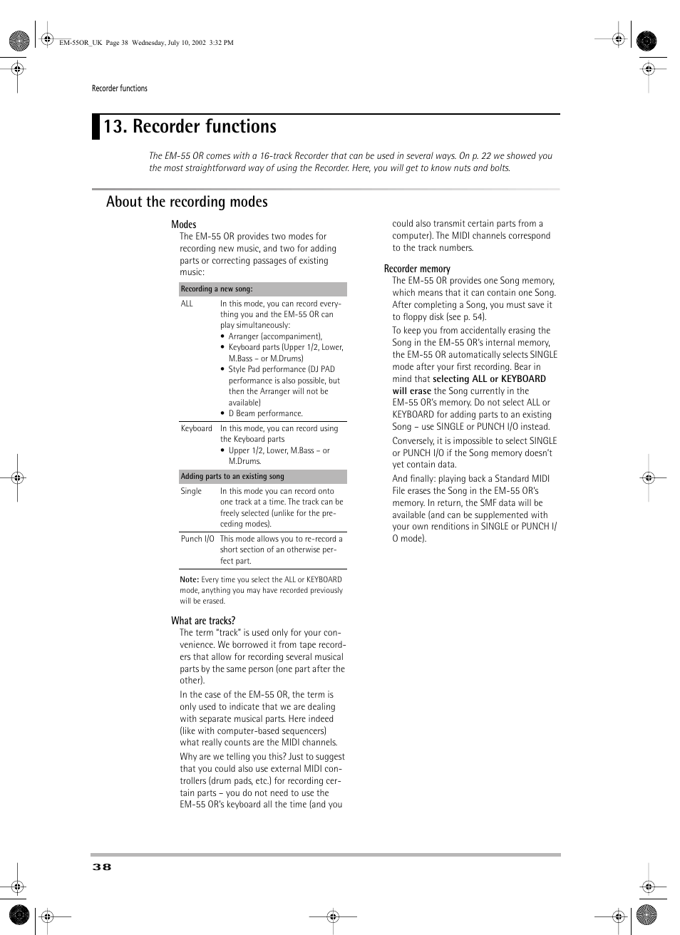 Recorder functions, About the recording modes | Roland EM-55 User Manual | Page 38 / 98