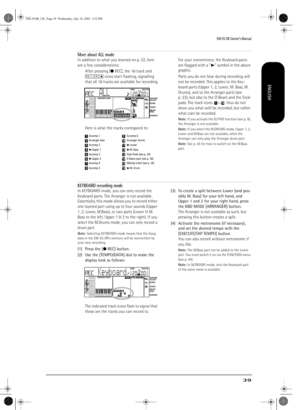 Keyboard, More about all mode, Keyboard recording mode | English | Roland EM-55 User Manual | Page 39 / 98