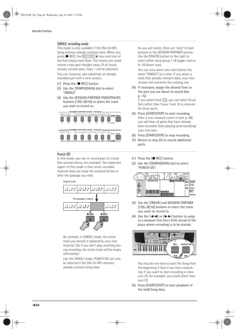 Single recording mode, Punch i/o | Roland EM-55 User Manual | Page 40 / 98