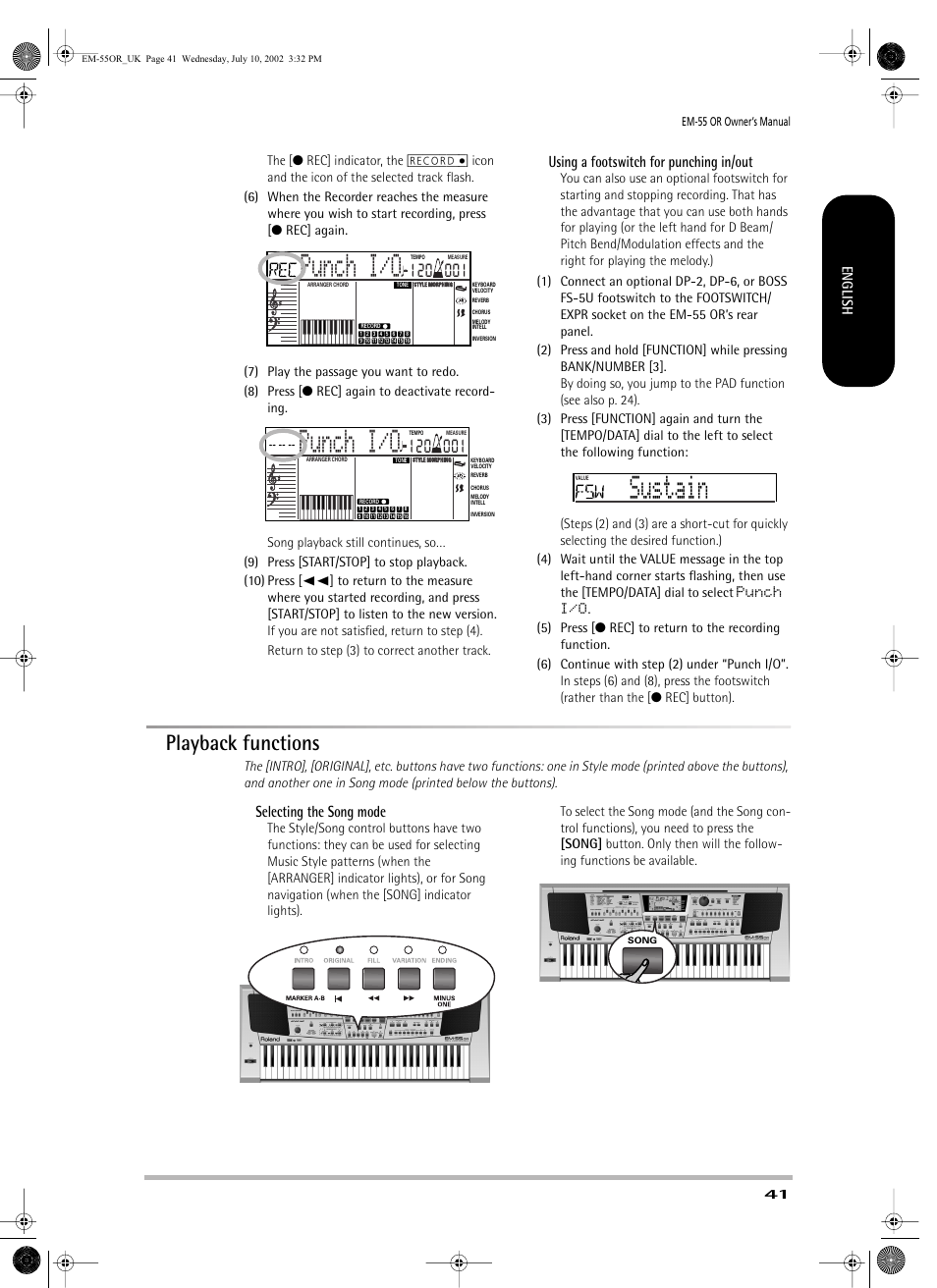 Punch i/o, Punch i/o sustain, Playback functions | Using a footswitch for punching in/out, Selecting the song mode, English | Roland EM-55 User Manual | Page 41 / 98