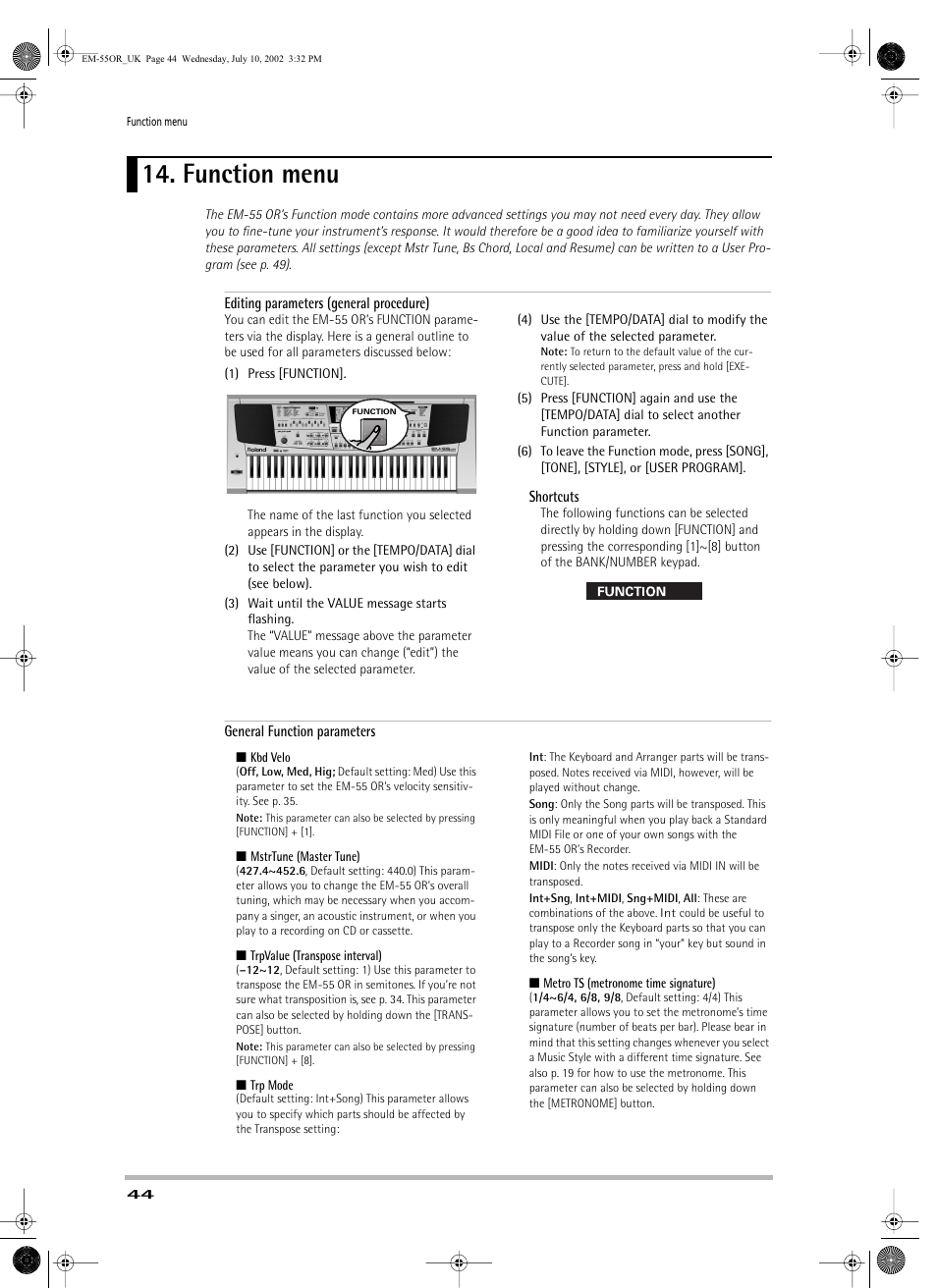 Function menu | Roland EM-55 User Manual | Page 44 / 98