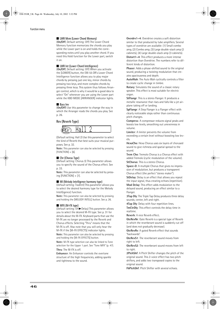 Hall 2, Rev (reverb type) | Roland EM-55 User Manual | Page 46 / 98