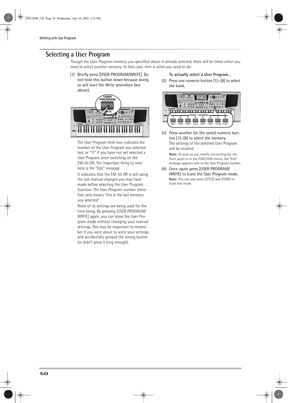 Selecting a user program | Roland EM-55 User Manual | Page 50 / 98