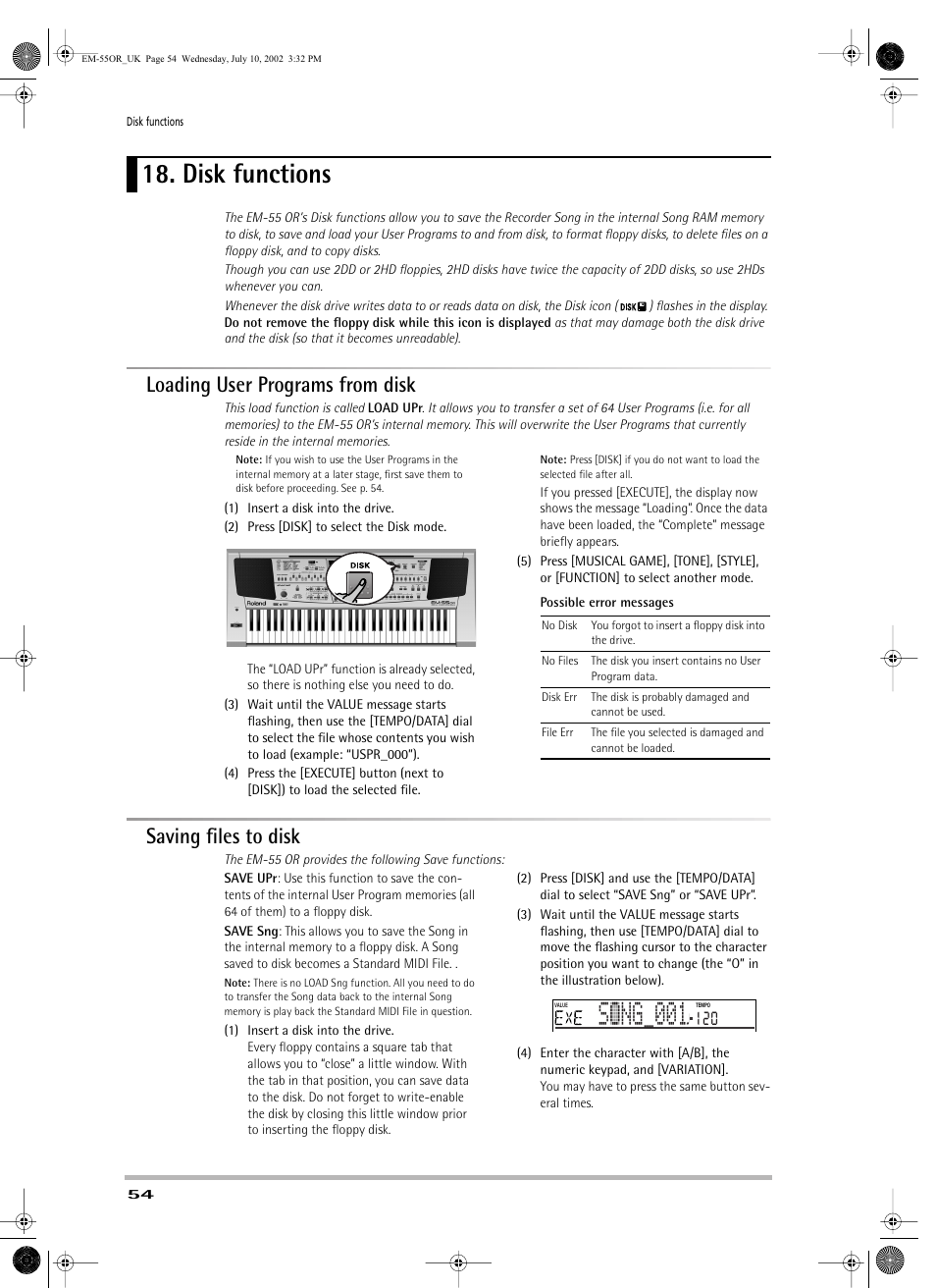 Song_001, Disk functions, Loading user programs from disk | Saving ﬁles to disk | Roland EM-55 User Manual | Page 54 / 98