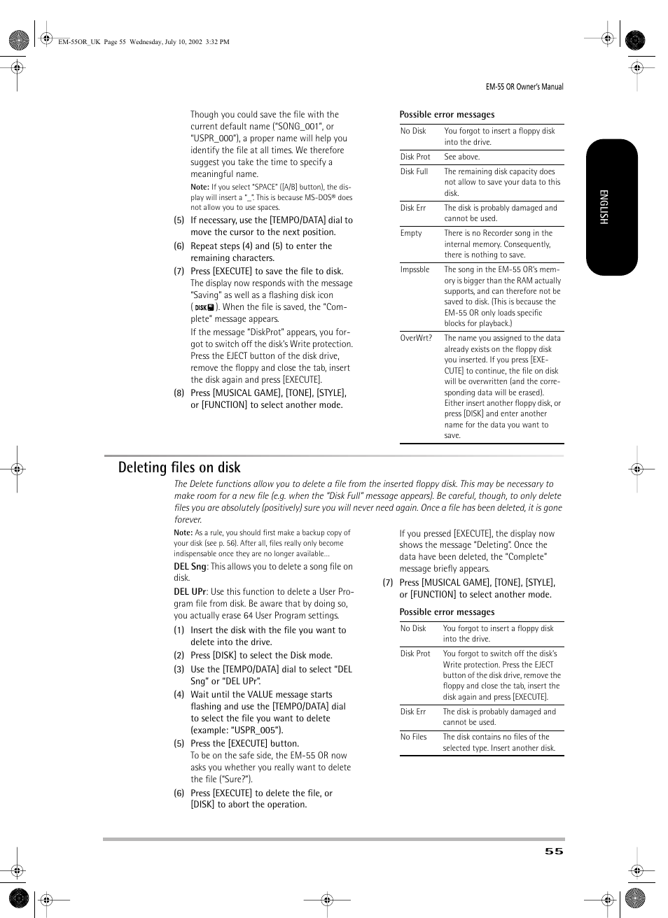 Deleting ﬁles on disk | Roland EM-55 User Manual | Page 55 / 98