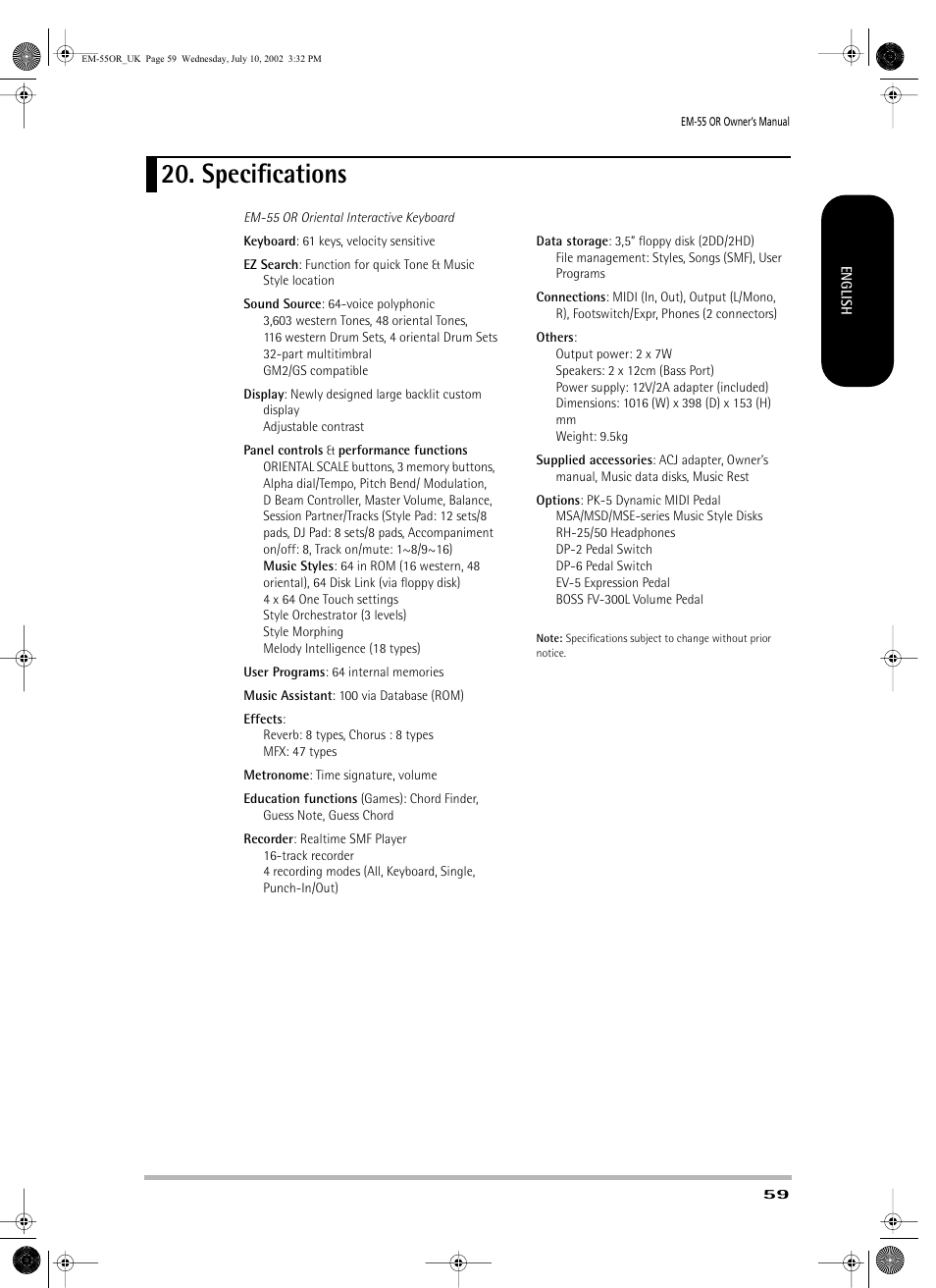 Speciﬁcations | Roland EM-55 User Manual | Page 59 / 98