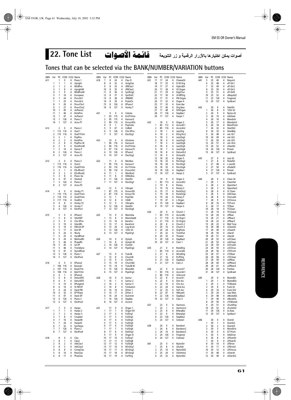 Tone list, Reference, Em-55 or owner’s manual | Roland EM-55 User Manual | Page 61 / 98