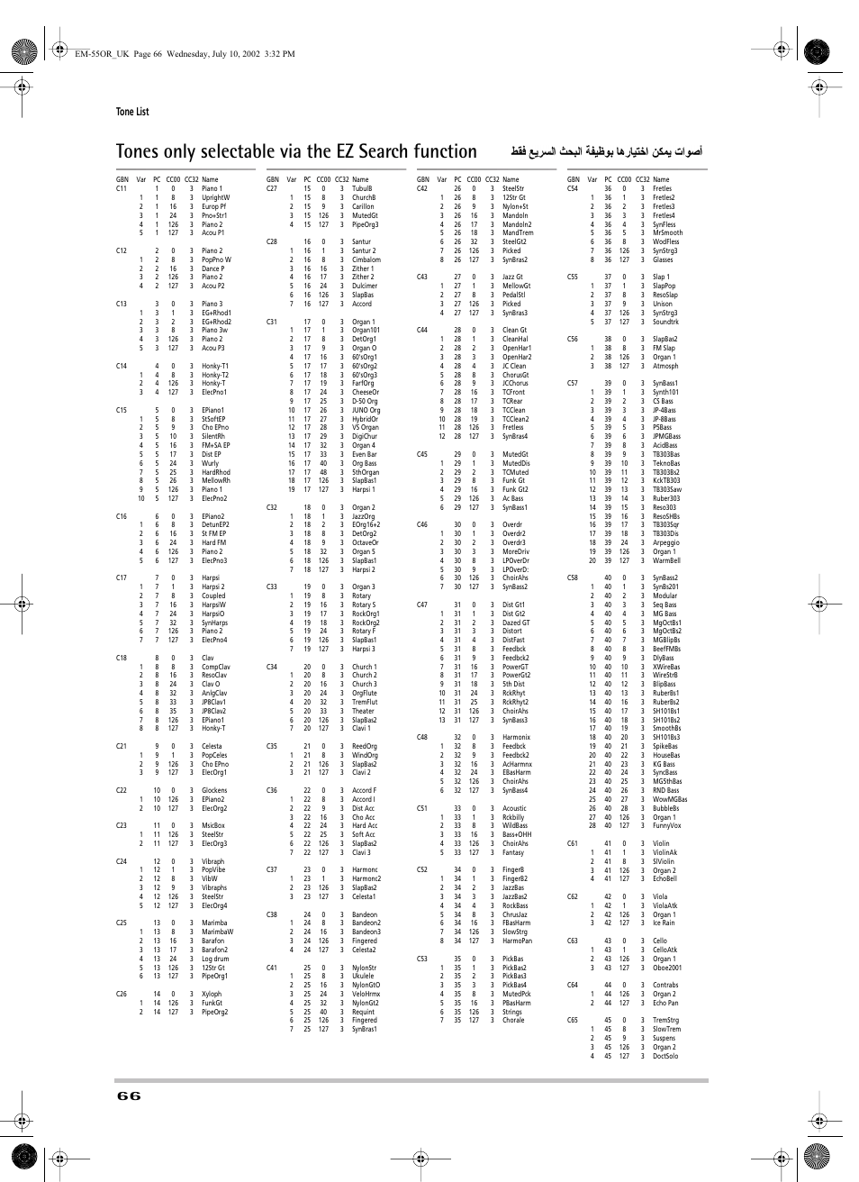 Tones only selectable via the ez search function, Tone list | Roland EM-55 User Manual | Page 66 / 98