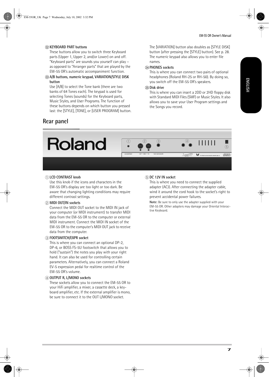 Rear panel | Roland EM-55 User Manual | Page 7 / 98