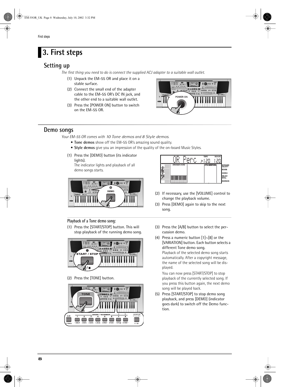 Or perc, First steps, Setting up | Demo songs | Roland EM-55 User Manual | Page 8 / 98