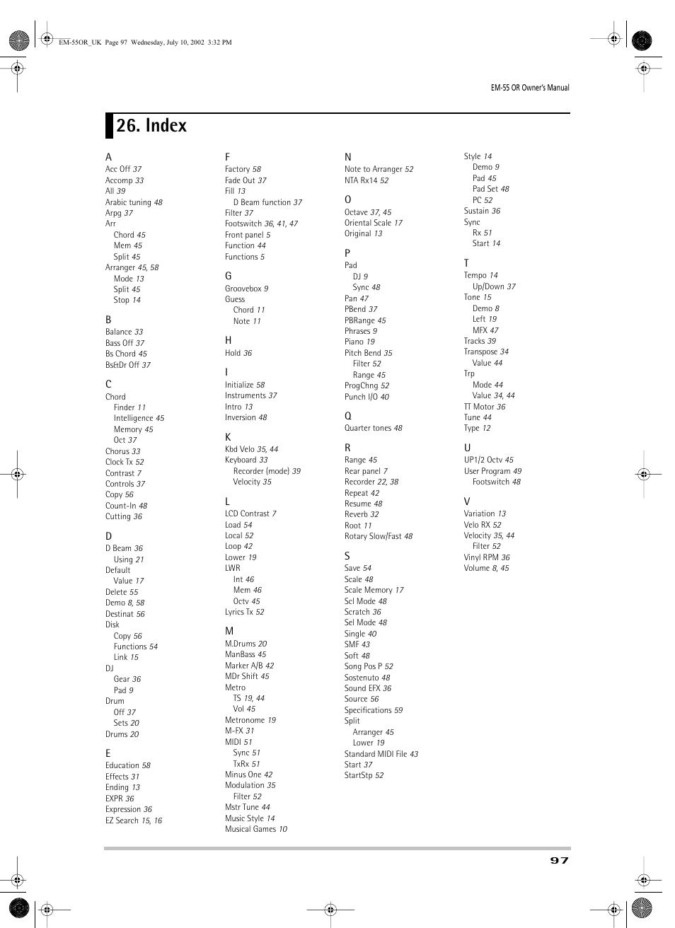 Index | Roland EM-55 User Manual | Page 97 / 98