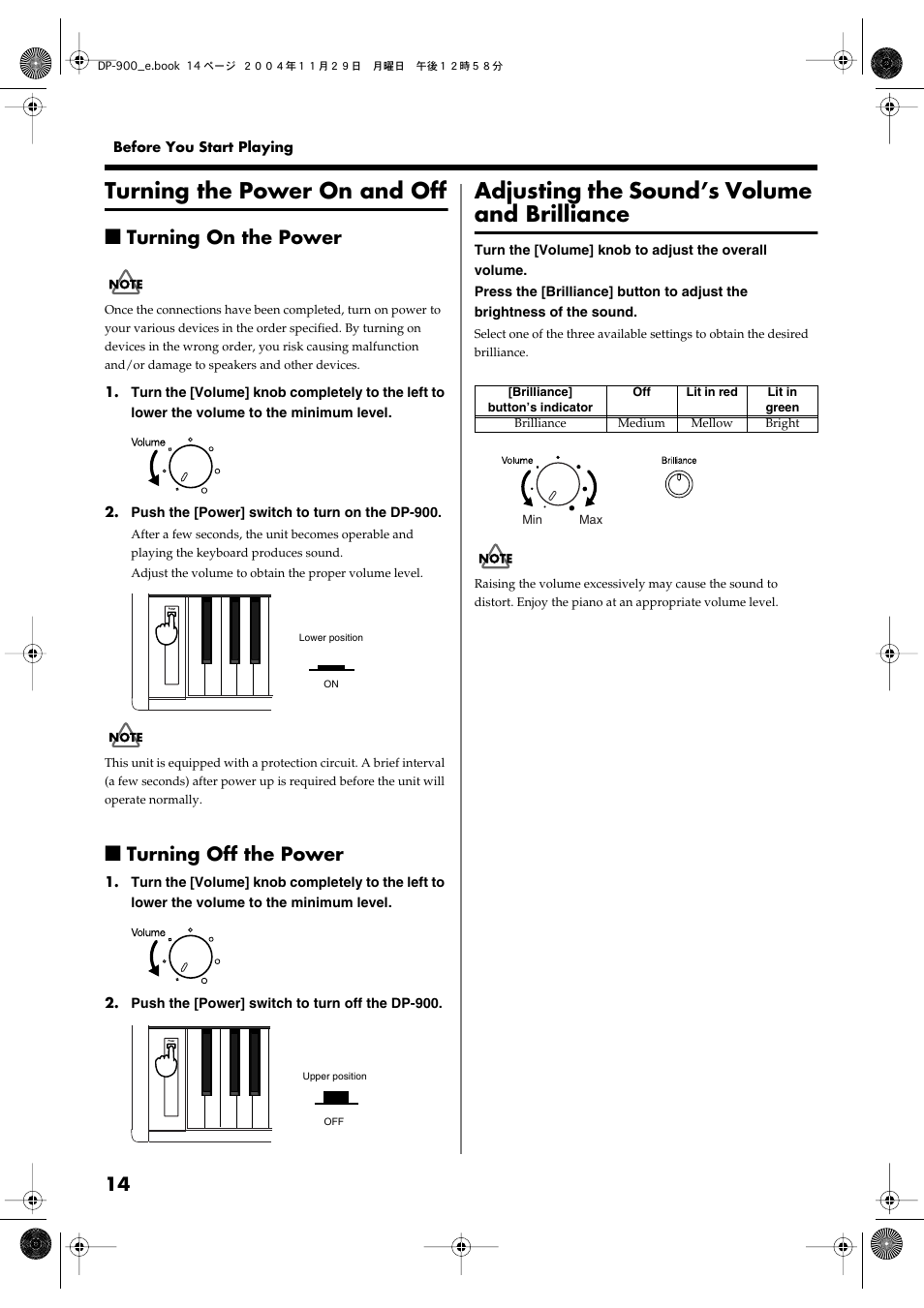 Turning the power on and off, Turning on the power, Turning off the power | Adjusting the sound’s volume and brilliance, Turns the power on/off (p. 14), Adjusts the volume level (p. 14), Adjusts the tone brightness (p. 14), Turning on the power turning off the power | Roland DP-900 User Manual | Page 14 / 48