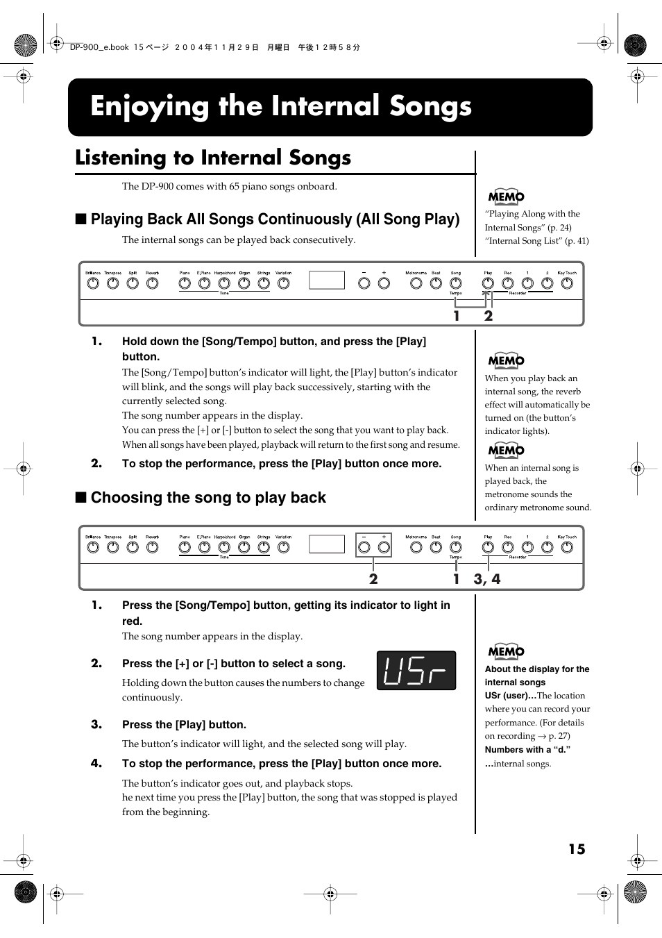 Enjoying the internal songs, Listening to internal songs, Choosing the song to play back | P. 15, Plays back the internal songs (p. 15), Performances (p. 15, p. 24) | Roland DP-900 User Manual | Page 15 / 48