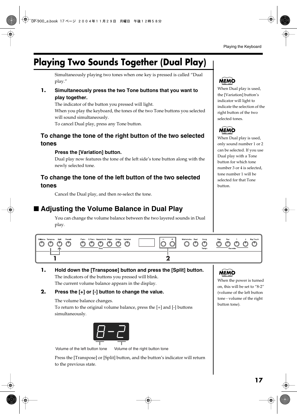 Playing two sounds together (dual play), Adjusting the volume balance in dual play | Roland DP-900 User Manual | Page 17 / 48