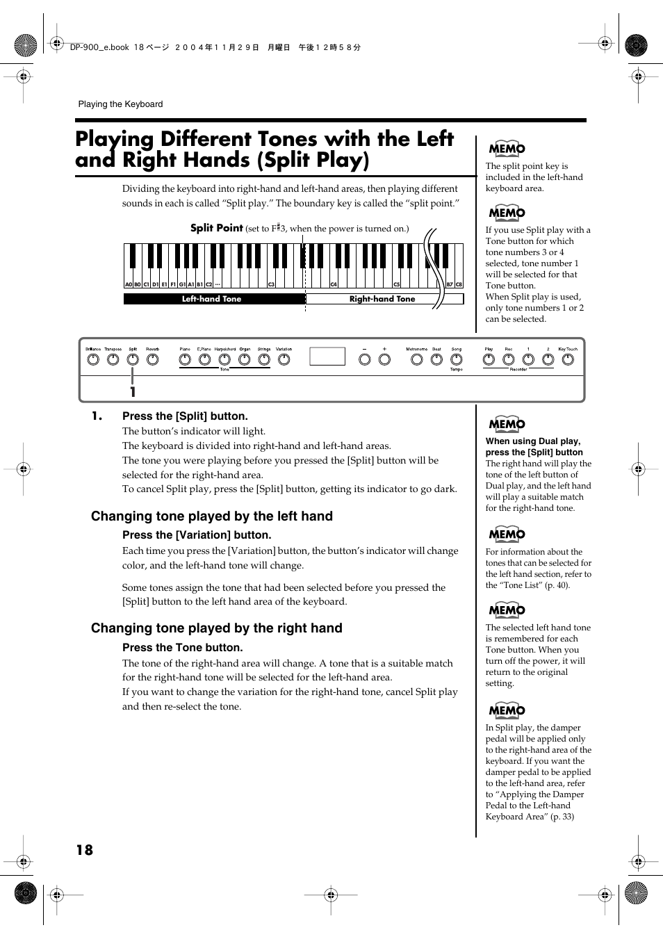 Changing tone played by the left hand, Changing tone played by the right hand | Roland DP-900 User Manual | Page 18 / 48