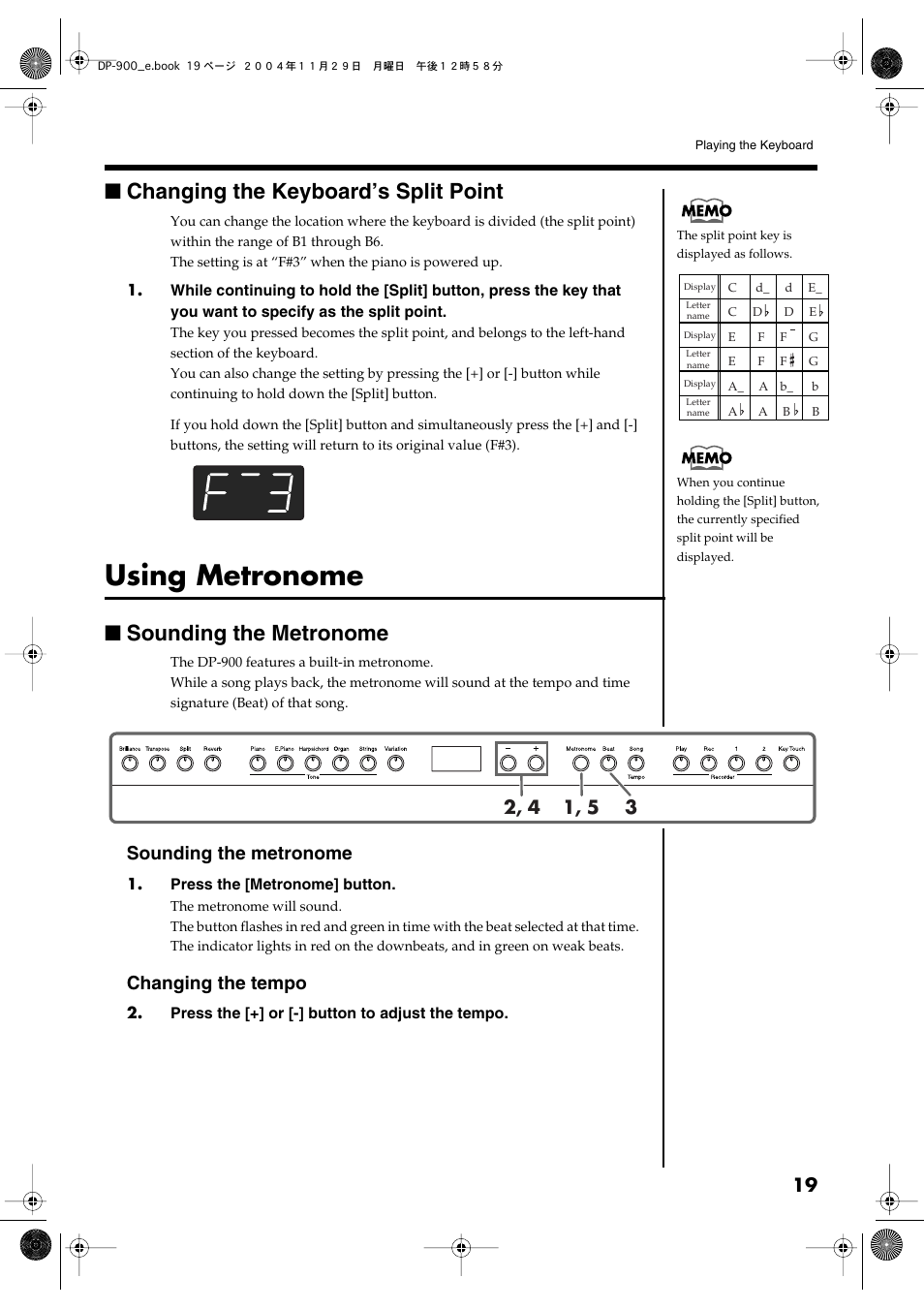 Changing the keyboard’s split point, Using metronome, Sounding the metronome | Activates the built-in metronome (p. 19), Changing the tempo | Roland DP-900 User Manual | Page 19 / 48