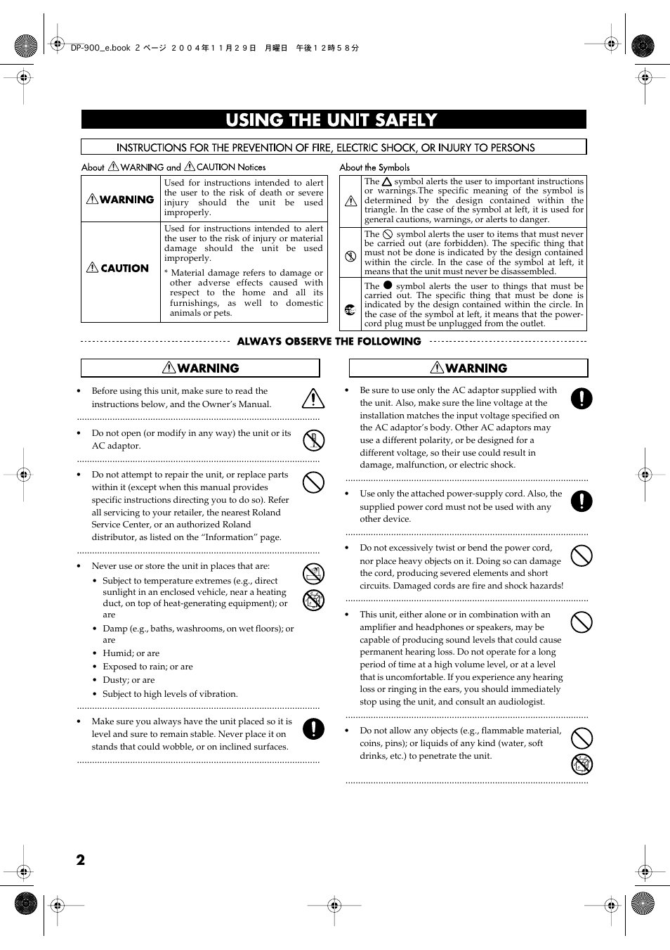 Using the unit safely | Roland DP-900 User Manual | Page 2 / 48