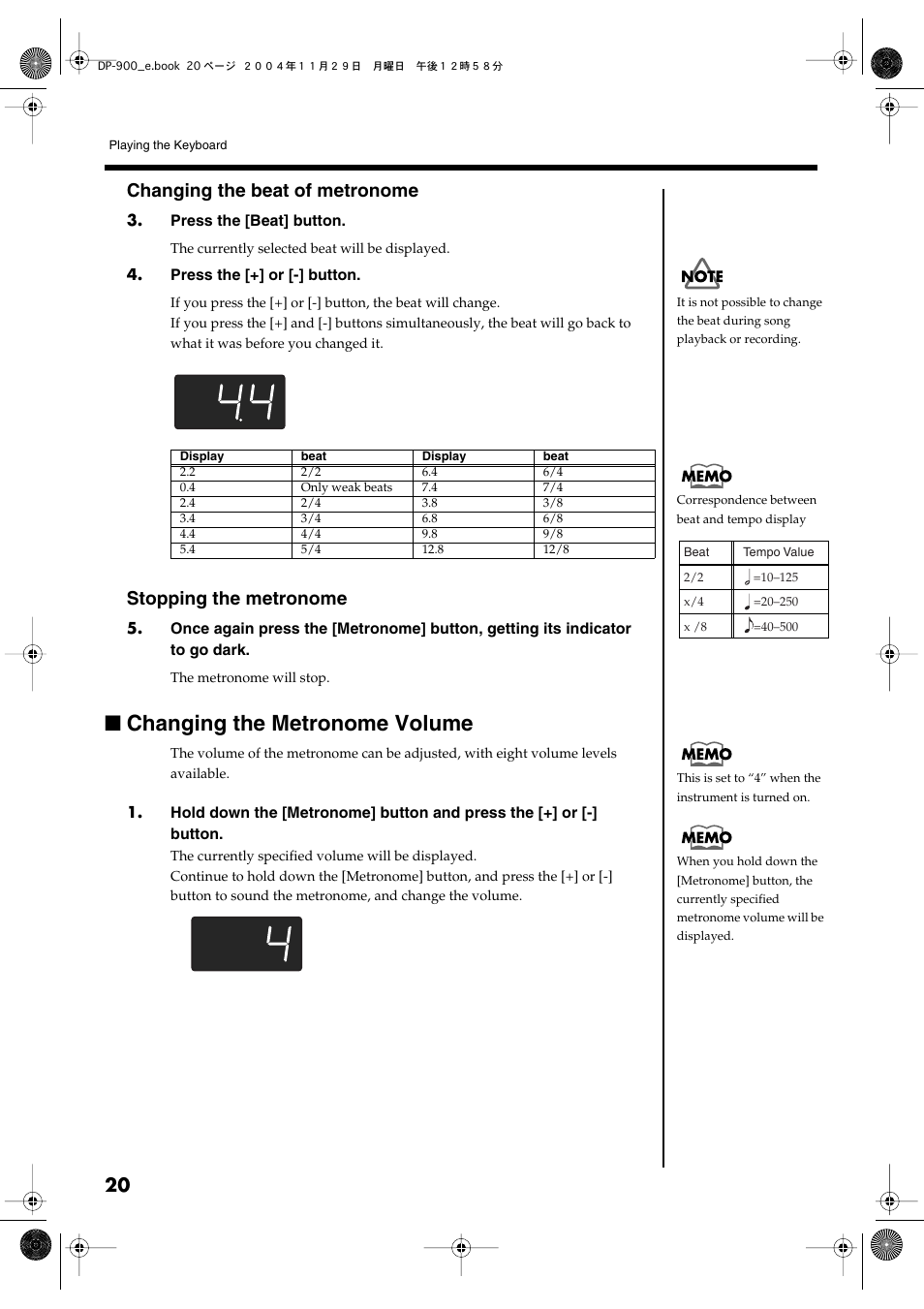 Changing the metronome volume, Specifies the time signature (beat) (p. 20), Changing the beat of metronome | Stopping the metronome | Roland DP-900 User Manual | Page 20 / 48