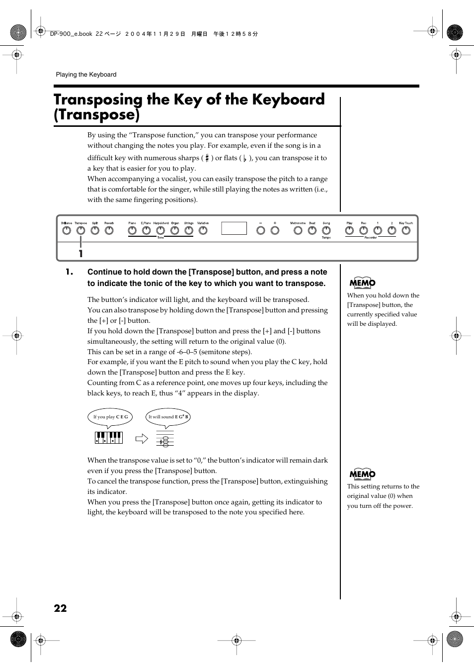 Transposing the key of the keyboard (transpose), Transposes the pitch of the keyboard (p. 22) | Roland DP-900 User Manual | Page 22 / 48