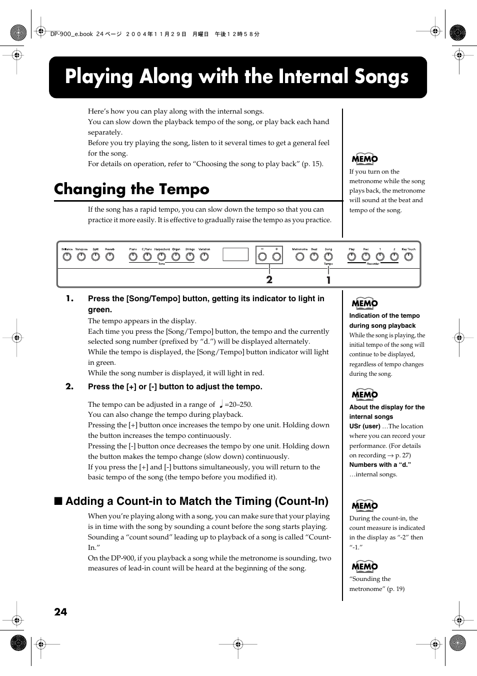 Playing along with the internal songs, Changing the tempo, Adding a count-in to match the timing (count-in) | Roland DP-900 User Manual | Page 24 / 48