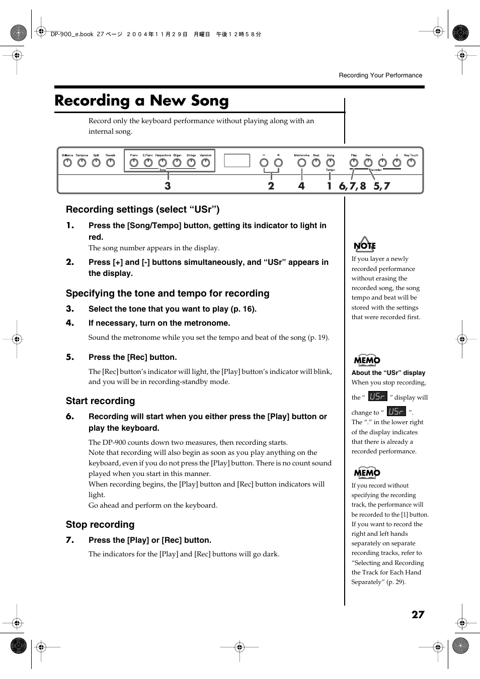 Recording a new song, Recording a, New song” (p. 27)) | Roland DP-900 User Manual | Page 27 / 48