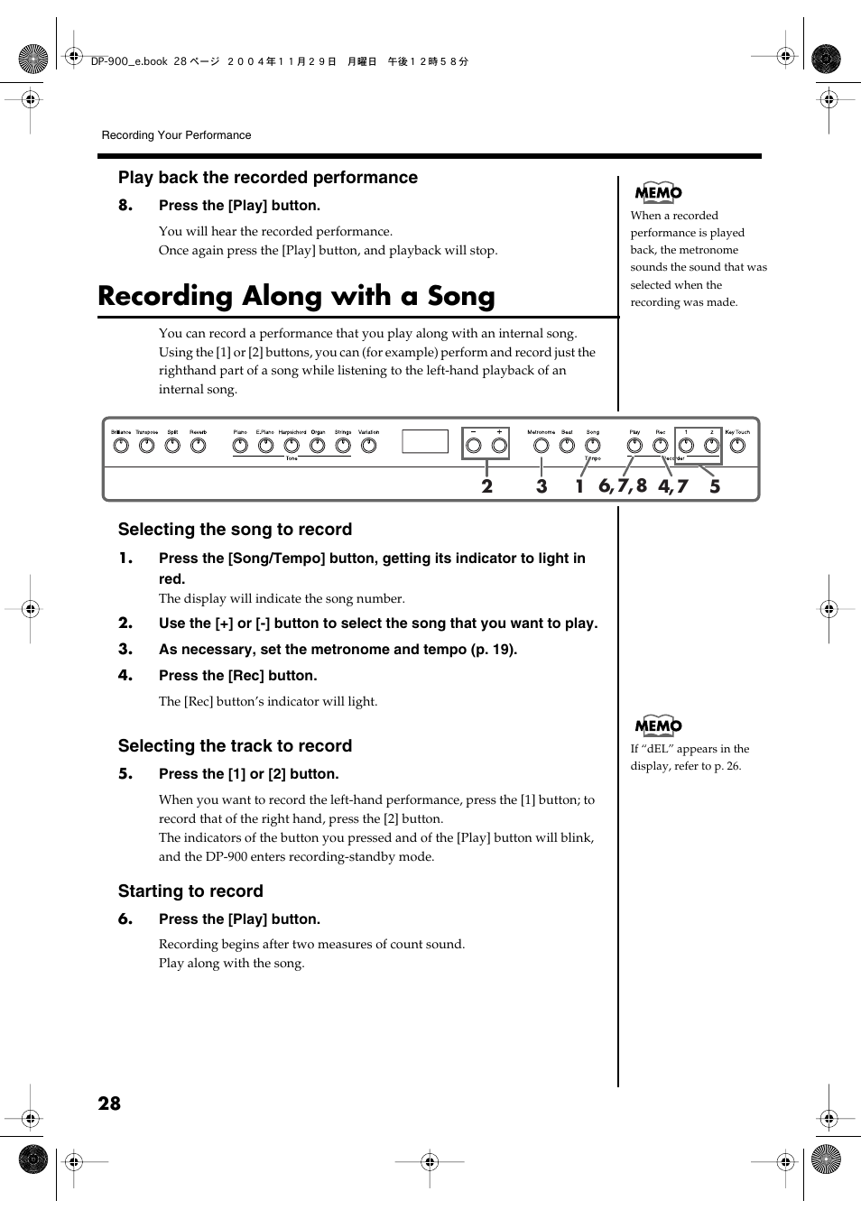 Recording along with a song, Recording along with a, Song” (p. 28)) | Roland DP-900 User Manual | Page 28 / 48