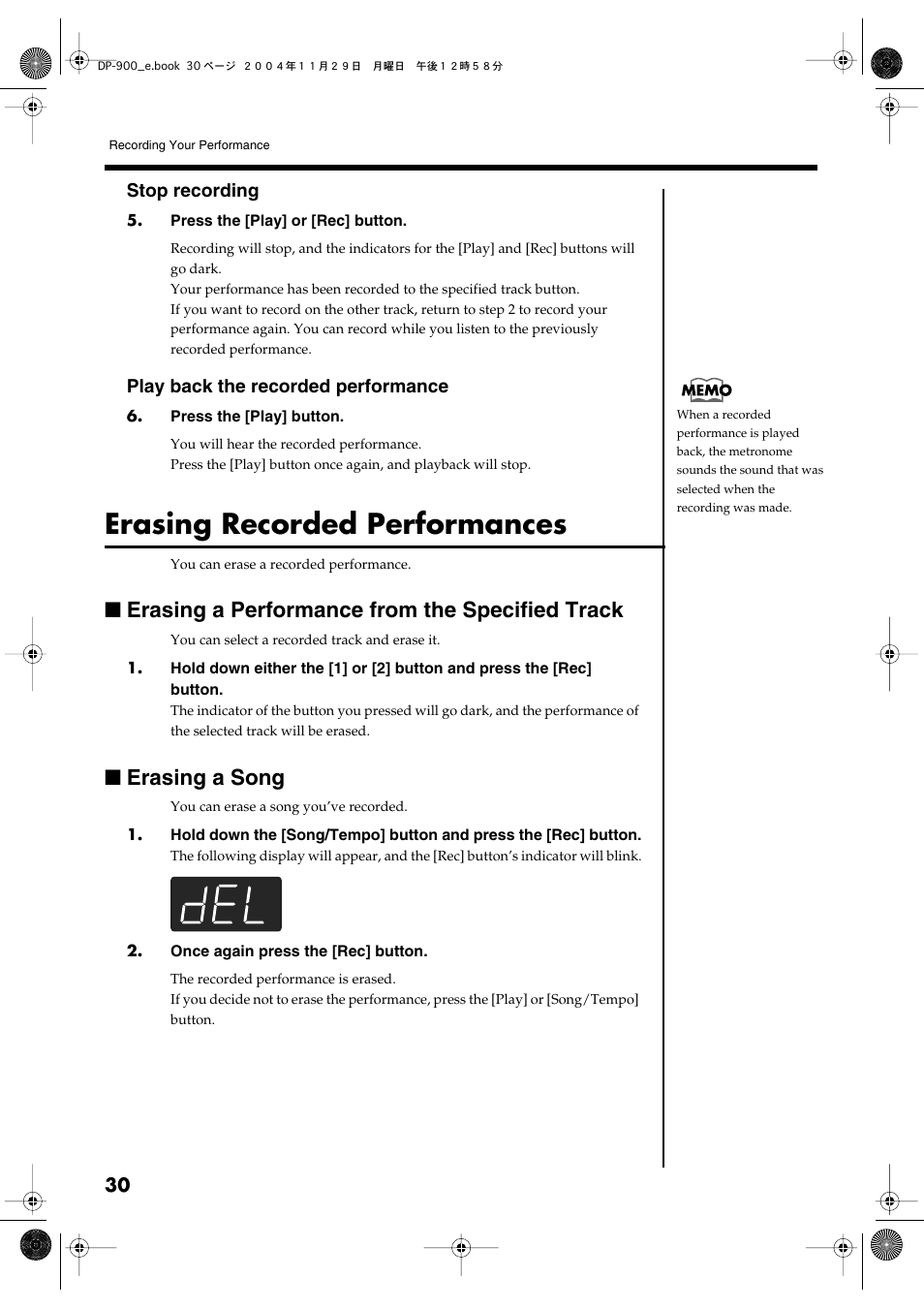 Erasing recorded performances, Erasing a performance from the specified track, Erasing a song | Roland DP-900 User Manual | Page 30 / 48