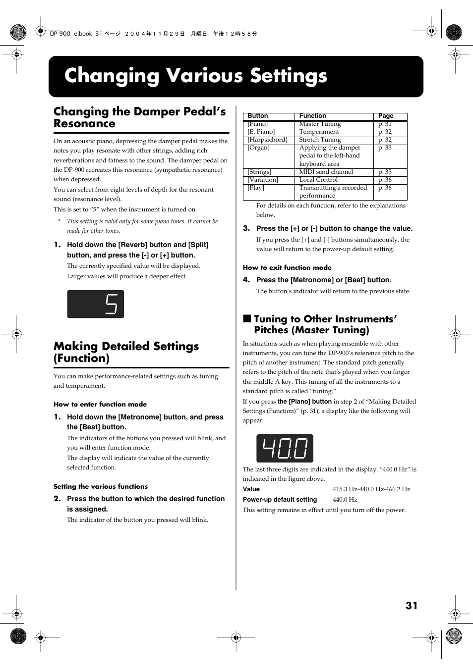 Changing various settings, Changing the damper pedal’s resonance, Making detailed settings (function) | Various functions (p. 31–p. 33, p. 35–p. 36) | Roland DP-900 User Manual | Page 31 / 48