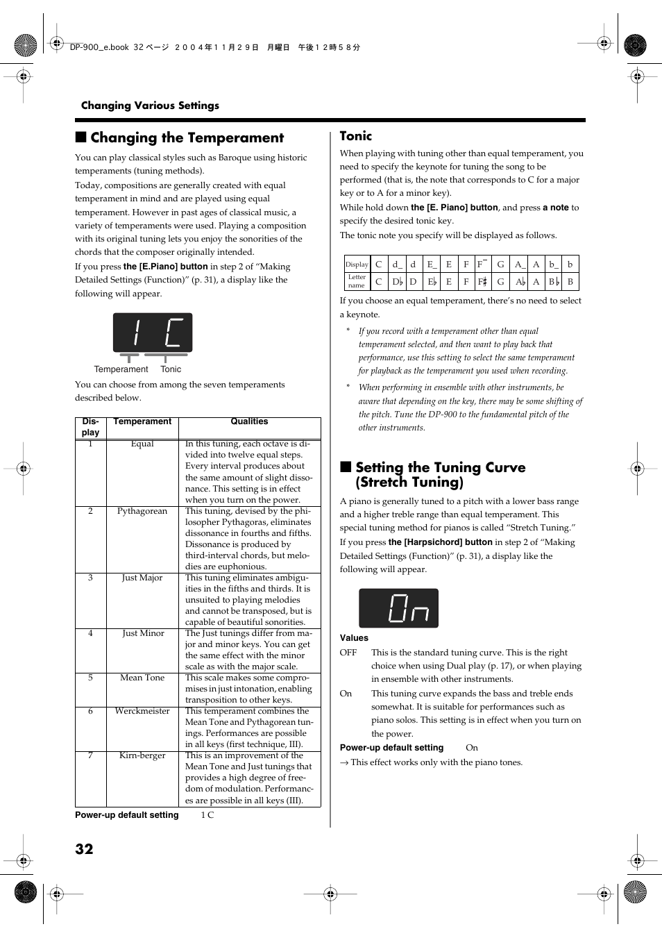 Changing the temperament, Setting the tuning curve (stretch tuning), P. 32 | Tonic | Roland DP-900 User Manual | Page 32 / 48