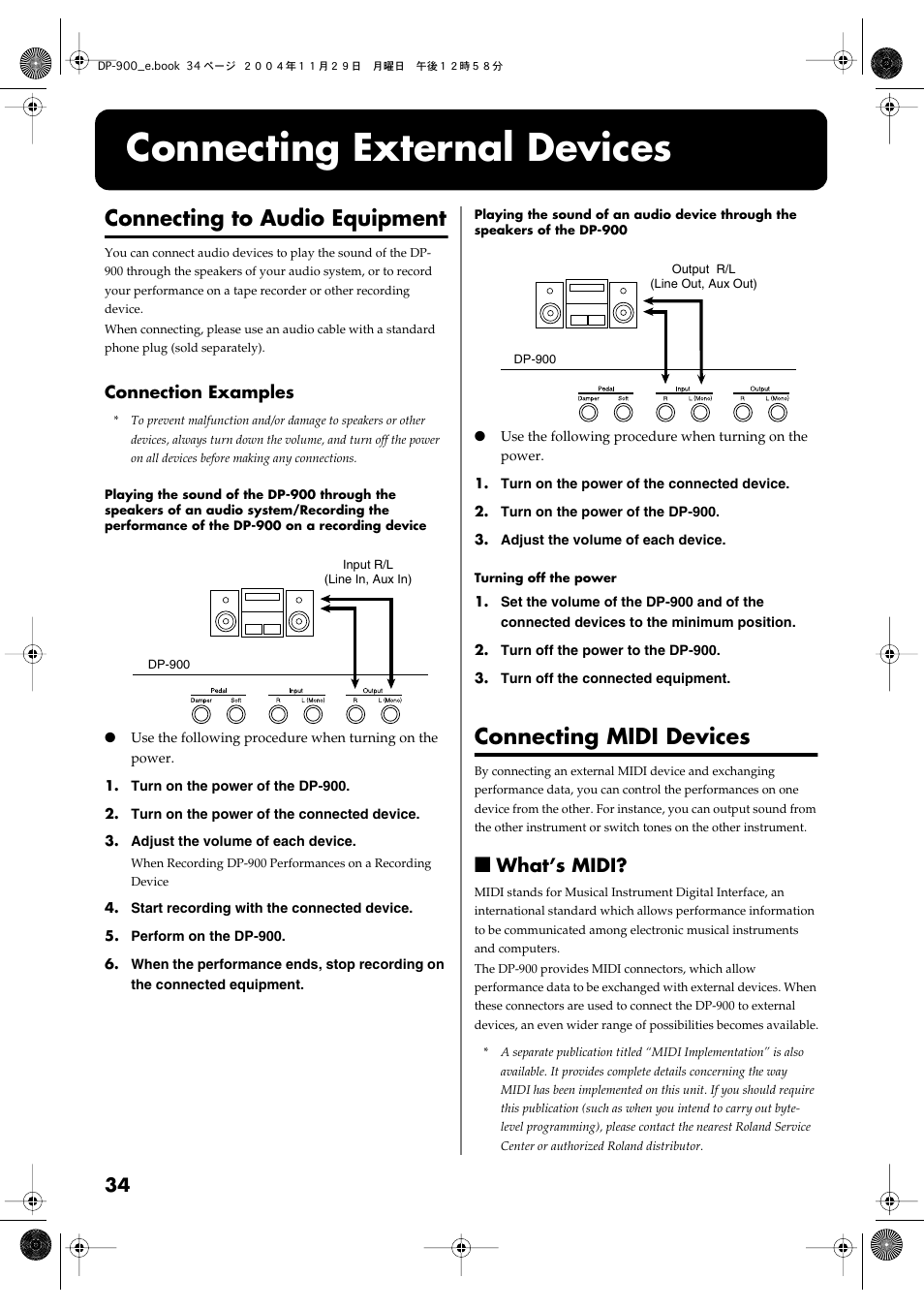Connecting external devices, Connecting to audio equipment, Connecting midi devices | What’s midi, Performance data (p. 34) | Roland DP-900 User Manual | Page 34 / 48