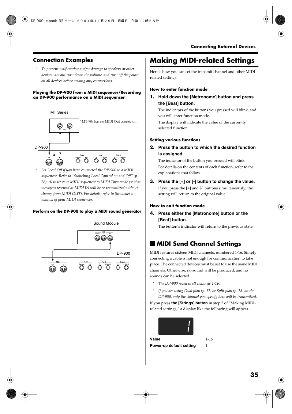 Making midi-related settings, Midi send channel settings, P. 35 | Connection examples | Roland DP-900 User Manual | Page 35 / 48