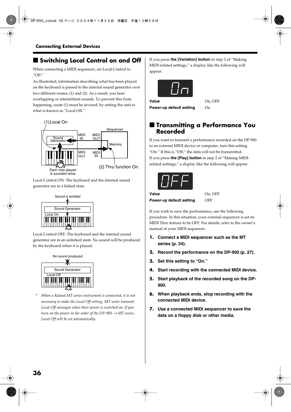 Switching local control on and off, Transmitting a performance you recorded, P. 36 | Roland DP-900 User Manual | Page 36 / 48