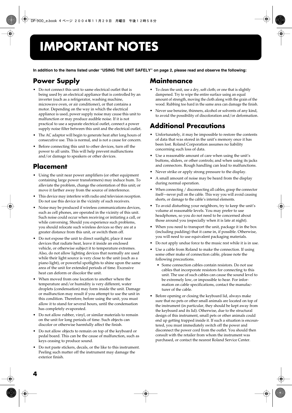Important notes, Power supply, Placement | Maintenance, Additional precautions | Roland DP-900 User Manual | Page 4 / 48