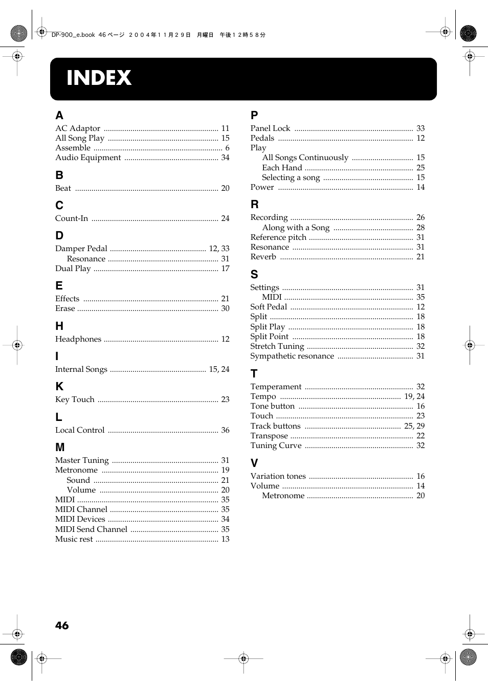 Index, P. 46 | Roland DP-900 User Manual | Page 46 / 48